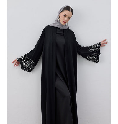 Modefa Abaya Modest Muslim Women's Crystal Burst Open Abaya - Black