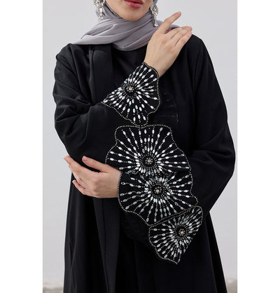 Modefa Abaya Modest Muslim Women's Crystal Burst Open Abaya - Black