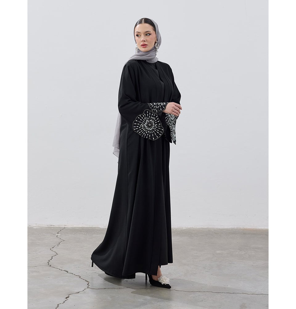 Modefa Abaya Modest Muslim Women's Crystal Burst Open Abaya - Black