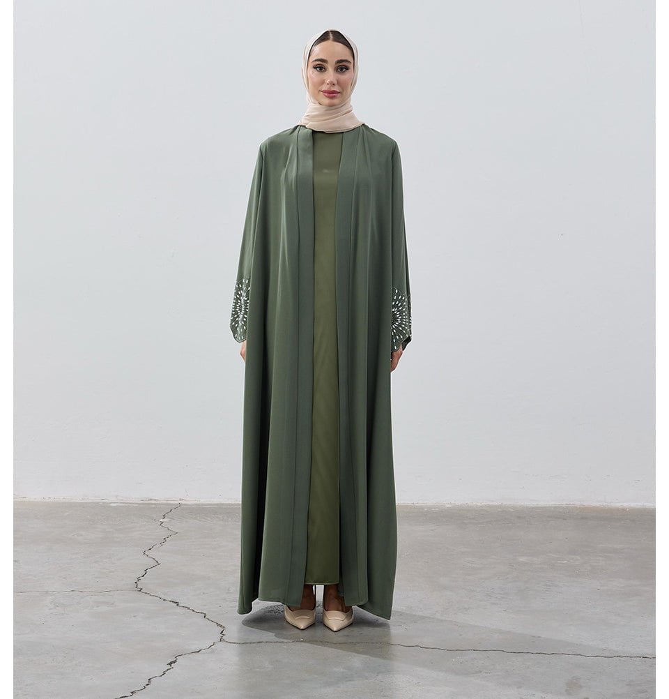 Modefa Abaya Modest Muslim Women's Crystal Burst Open Abaya - Green
