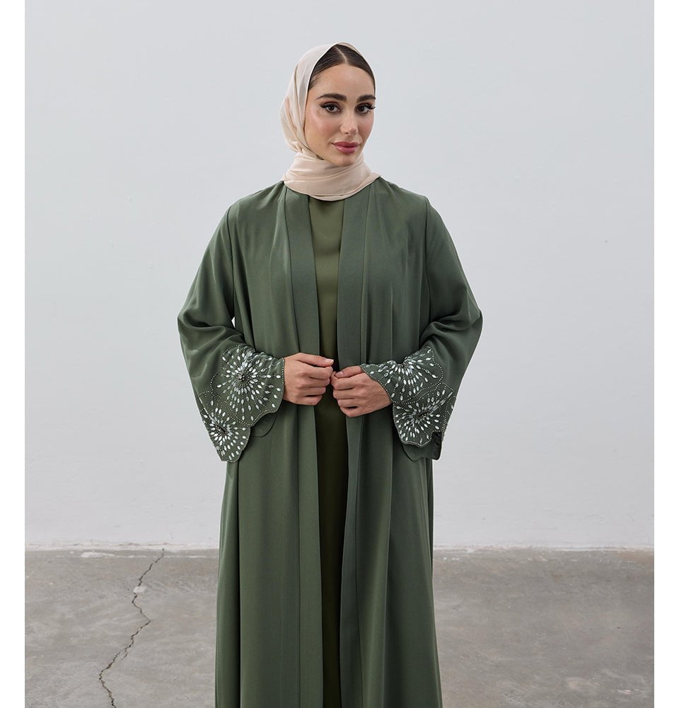 Modefa Abaya Modest Muslim Women's Crystal Burst Open Abaya - Green