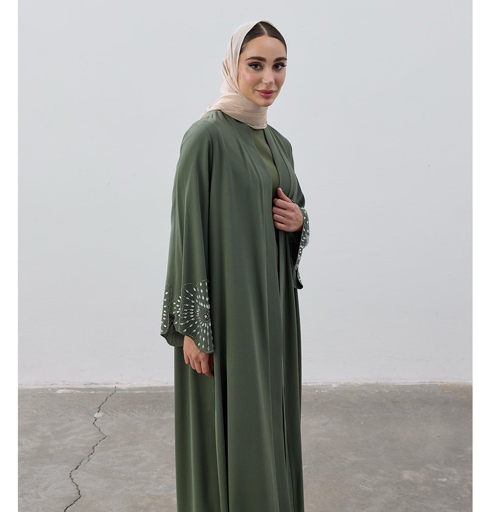 Modefa Abaya Modest Muslim Women's Crystal Burst Open Abaya - Green