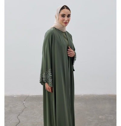 Modefa Abaya Modest Muslim Women's Crystal Burst Open Abaya - Green