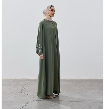 Modefa Abaya Modest Muslim Women's Crystal Burst Open Abaya - Green
