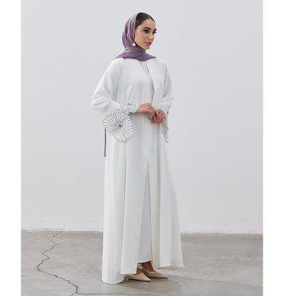 Modefa Abaya Modest Muslim Women's Crystal Burst Open Abaya - White