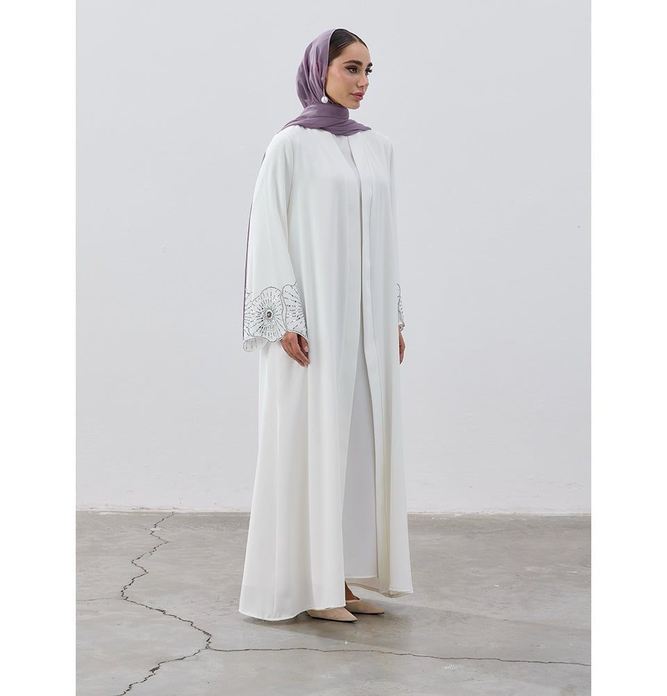 Modefa Abaya Modest Muslim Women's Crystal Burst Open Abaya - White