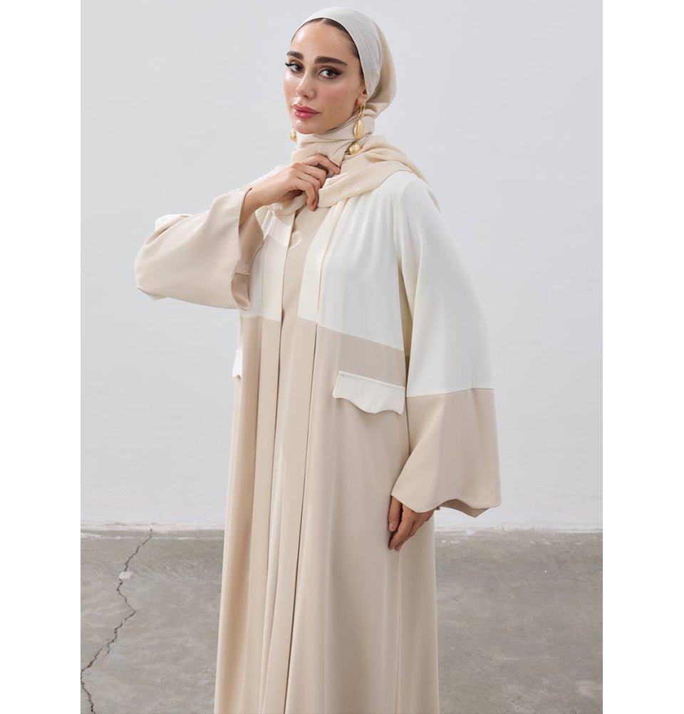 Modest Muslim Women's Elegant Sahra Open Abaya - 9722 Cream & Beige