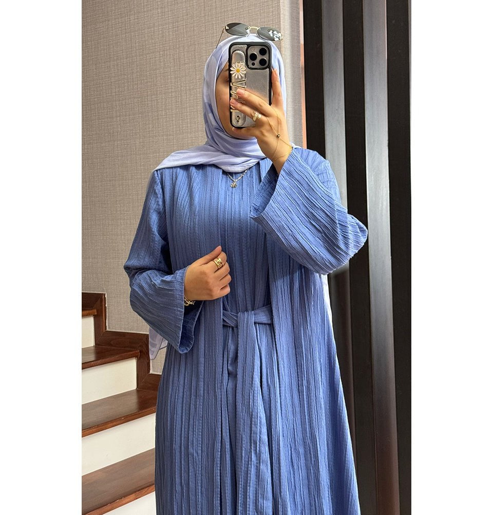 Modest Muslim Womens Knitted Two Piece Abaya - Blue Modest Muslim Womens Knitted Two Piece Abaya - Blue
