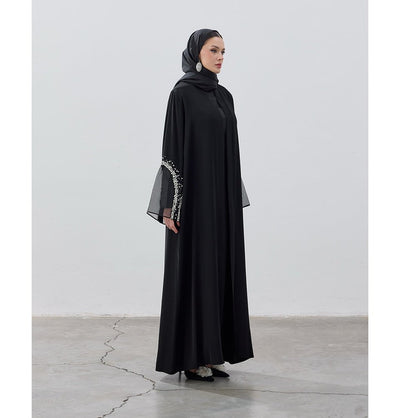 Modefa Abaya Modest Muslim Women's Luxe Pearl Open Abaya - Black