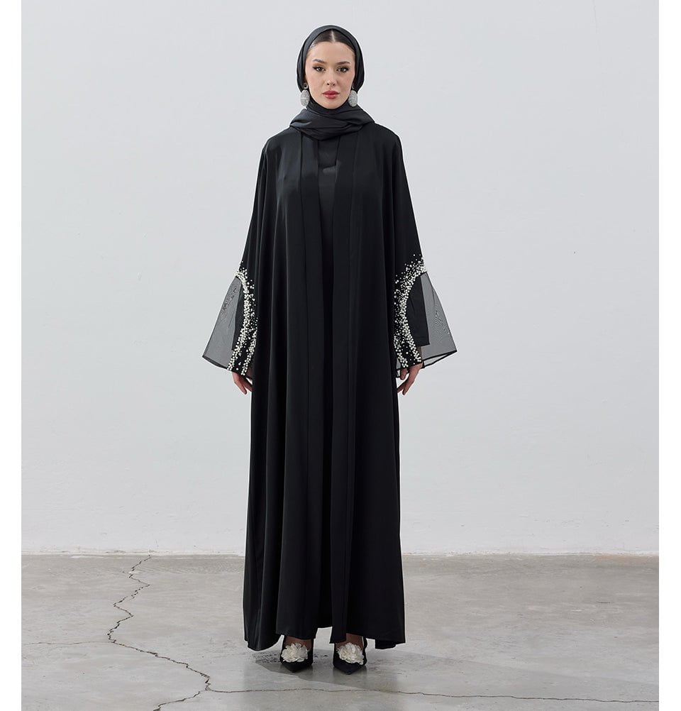 Modefa Abaya Modest Muslim Women's Luxe Pearl Open Abaya - Black