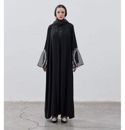 Modefa Abaya Modest Muslim Women's Luxe Pearl Open Abaya - Black