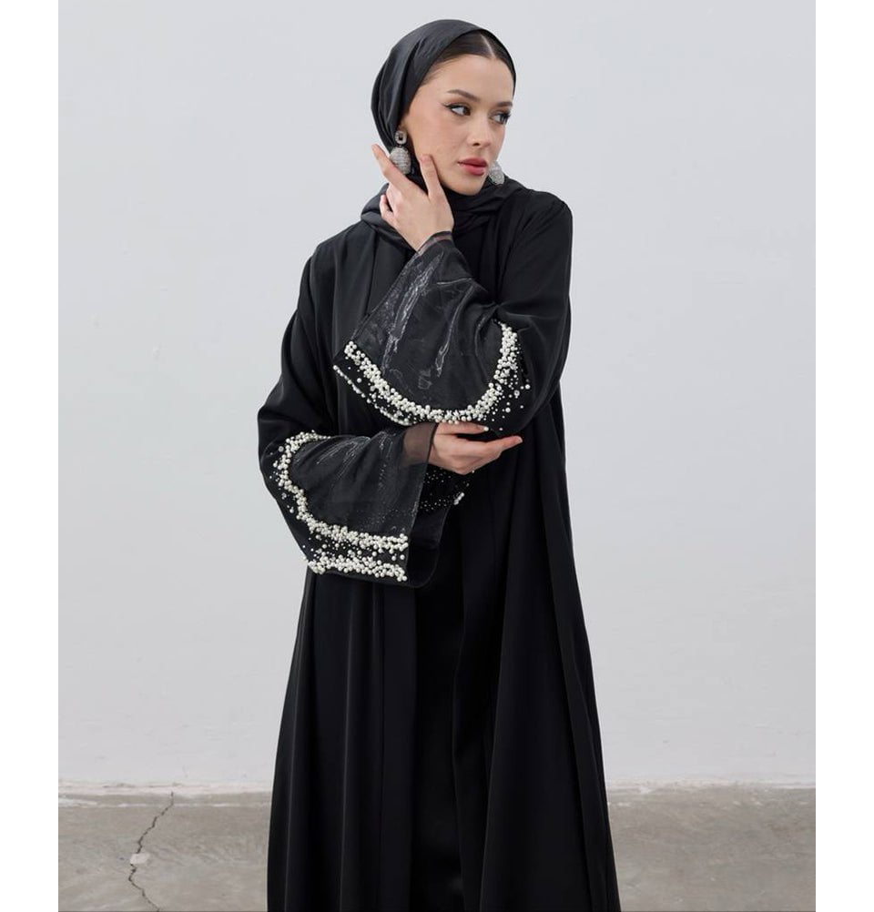 Modefa Abaya Modest Muslim Women's Luxe Pearl Open Abaya - Black