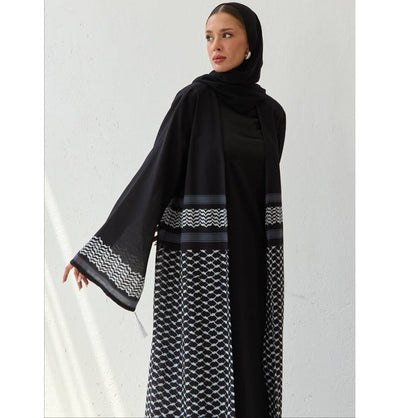 Modefa Abaya Modest Muslim Women's Open Abaya with Filisteen Keffiyah - M1473 Black
