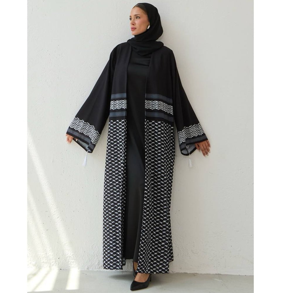 Modefa Abaya Modest Muslim Women's Open Abaya with Filisteen Keffiyah - M1473 Black