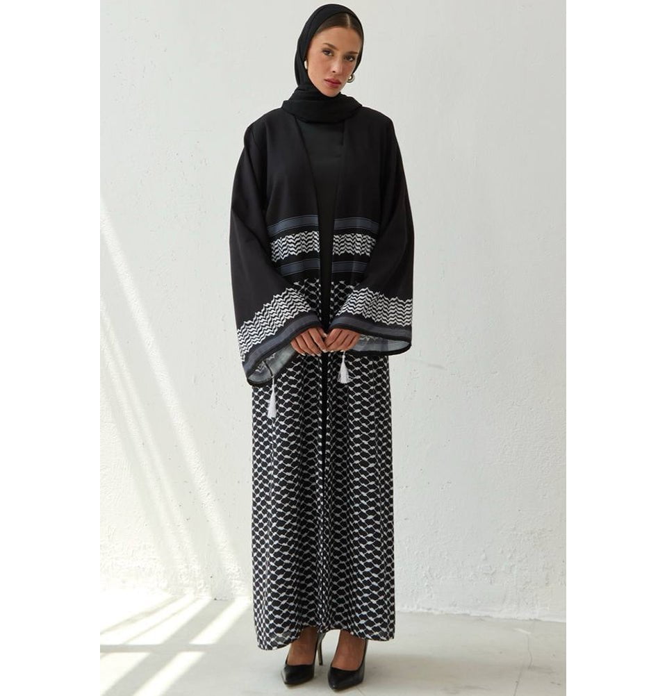 Modefa Abaya Modest Muslim Women's Open Abaya with Filisteen Keffiyah - M1473 Black