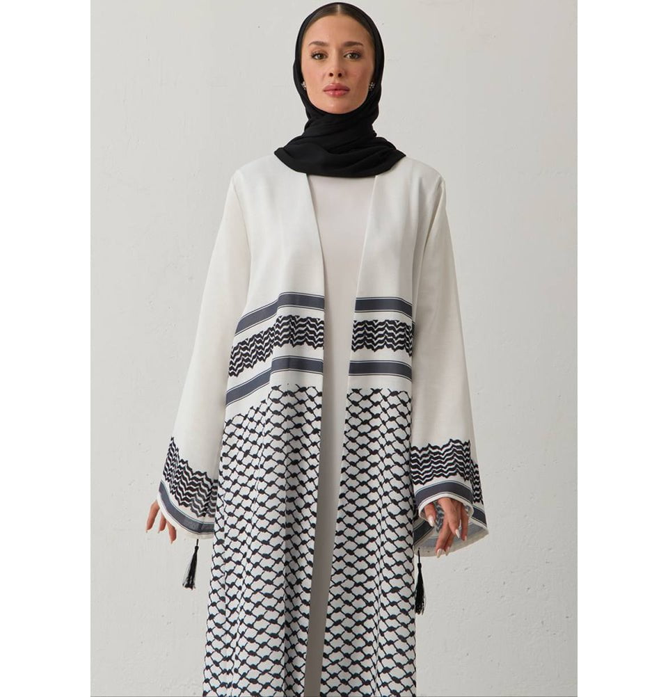 Modefa Abaya Modest Muslim Women's Open Abaya with Filisteen Keffiyah - M1473 White