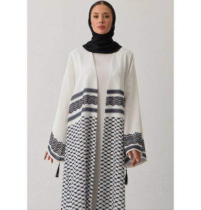 Modefa Abaya Modest Muslim Women's Open Abaya with Filisteen Keffiyah - M1473 White