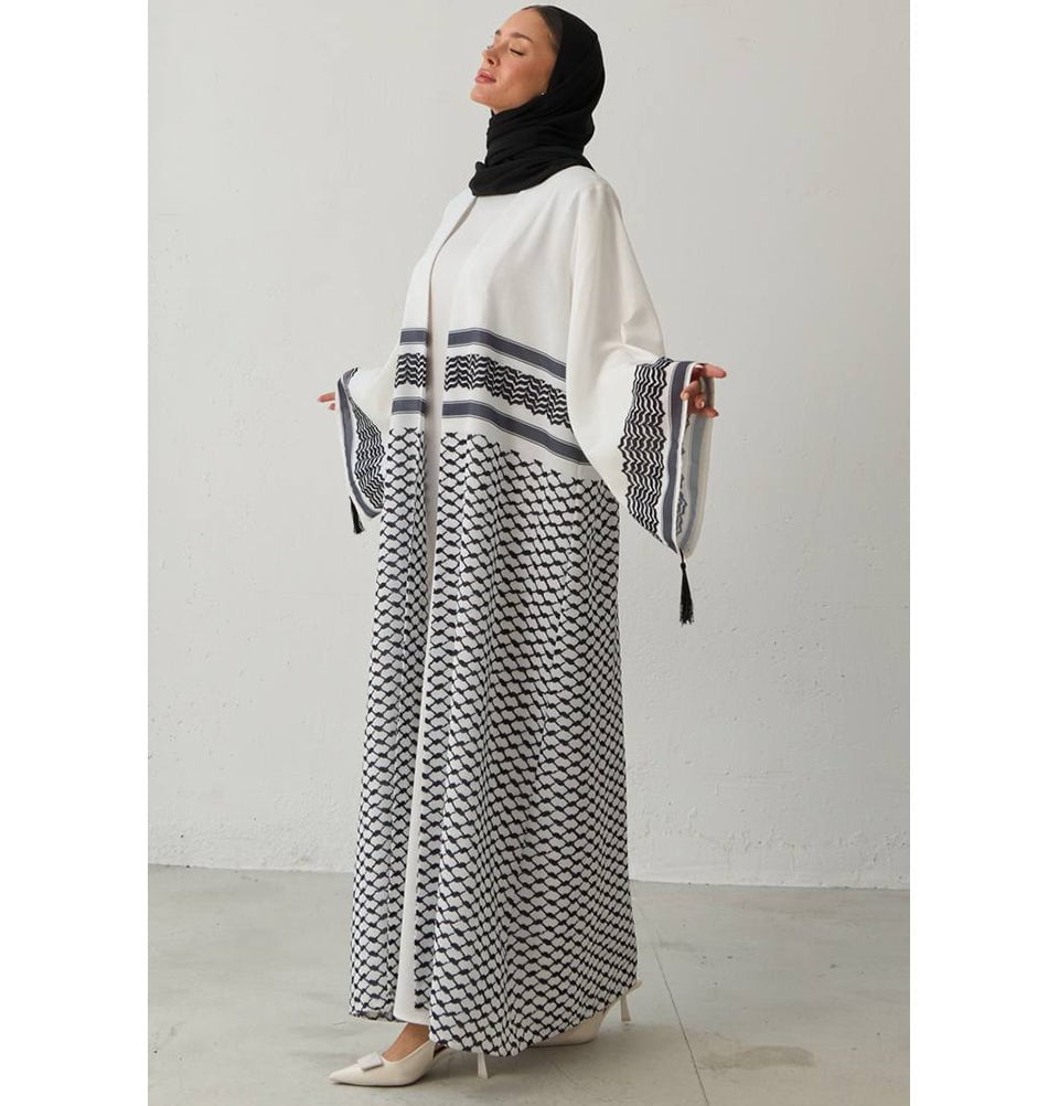 Modefa Abaya Modest Muslim Women's Open Abaya with Filisteen Keffiyah - M1473 White