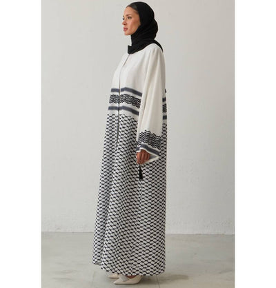 Modefa Abaya Modest Muslim Women's Open Abaya with Filisteen Keffiyah - M1473 White