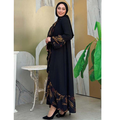Modefa Abaya Modest Muslim Women's Open Front Abaya with Ruffle Trim - 7908 Coffee Medley