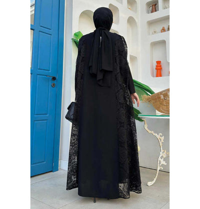 Modefa Abaya Modest Muslim Women’s Rosey Lace Open Front Vest Cardigan - 7884 Black