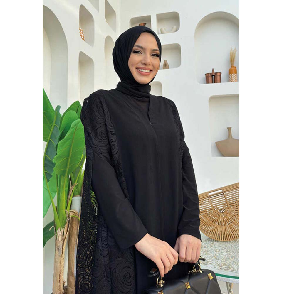 Modest Muslim Women's Rosey Lace Open Front Vest Cardigan - 7884 Black