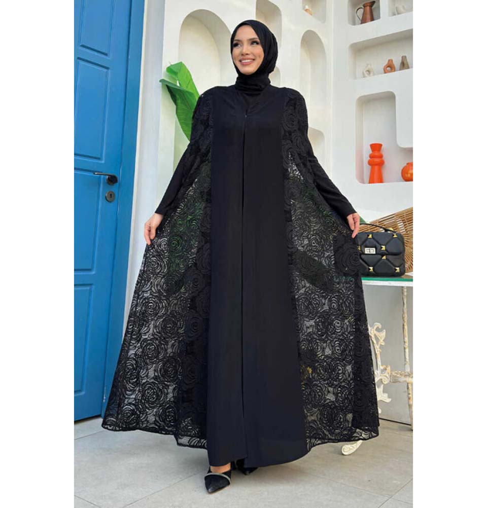 Modest Muslim Women's Rosey Lace Open Front Vest Cardigan - 7884 Black