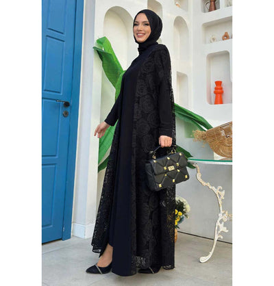 Modefa Abaya Modest Muslim Women’s Rosey Lace Open Front Vest Cardigan - 7884 Black