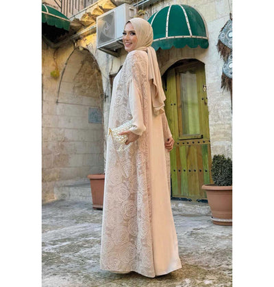 Modefa Abaya Modest Muslim Women’s Rosey Lace Open Front Vest Cardigan - 7884 Blushing Peach
