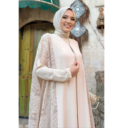 Modefa Abaya Modest Muslim Women’s Rosey Lace Open Front Vest Cardigan - 7884 Blushing Peach