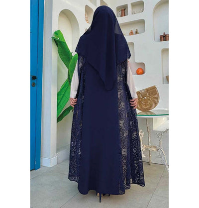 Modefa Abaya Modest Muslim Women’s Rosey Lace Open Front Vest Cardigan - 7884 Navy Blue