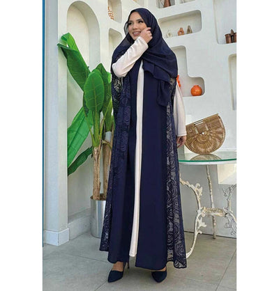 Modefa Abaya Modest Muslim Women’s Rosey Lace Open Front Vest Cardigan - 7884 Navy Blue