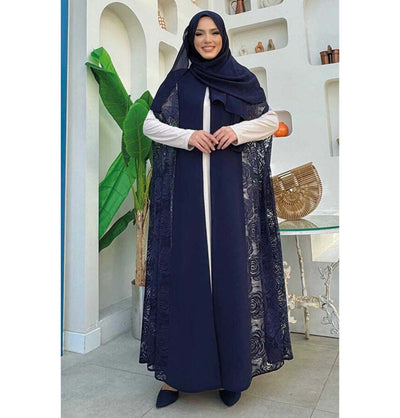 Modefa Abaya Modest Muslim Women’s Rosey Lace Open Front Vest Cardigan - 7884 Navy Blue