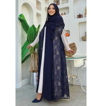 Modefa Abaya Modest Muslim Women’s Rosey Lace Open Front Vest Cardigan - 7884 Navy Blue