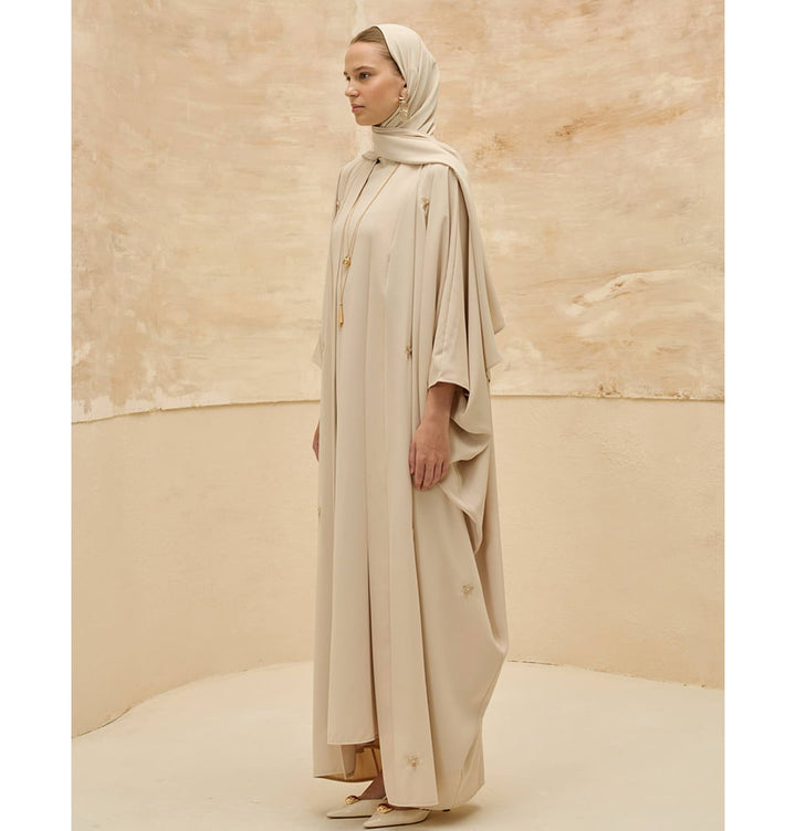 Women's Elegant Floral Embroidered Batwing Abaya Set - 9793 Stone Beig