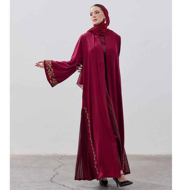 burgundy abaya dress Two Piece Open Abaya With Slip Burgundy