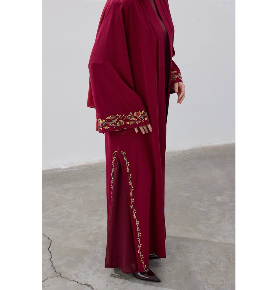 Muslim Women's Floral Embroidered Open Abaya