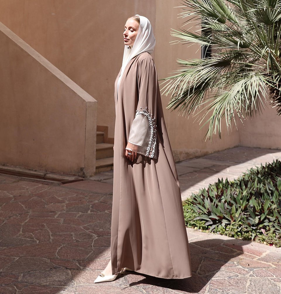 Modefa Abaya Muslim Women's Luxe Pearl Open Abaya - Mink