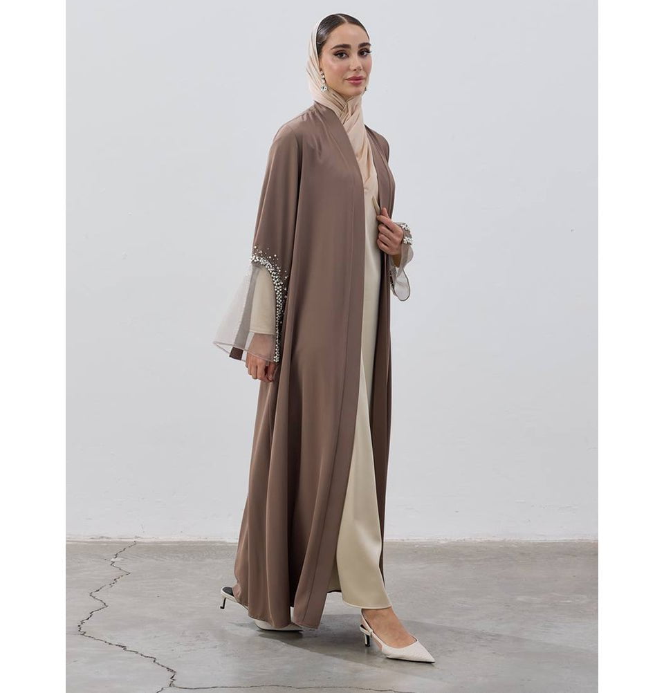 Modefa Abaya Muslim Women's Luxe Pearl Open Abaya - Mink