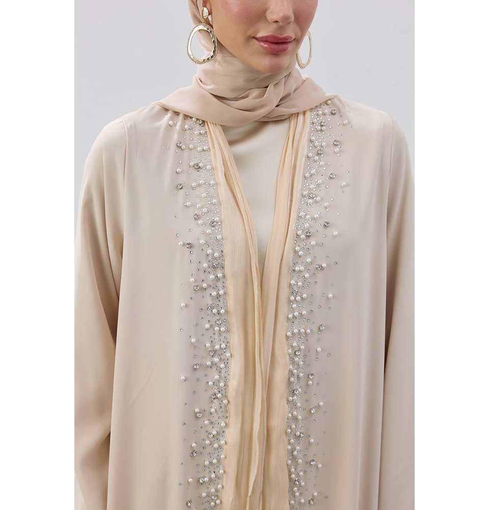 Muslim Women's Pearled Open Abaya - 9736 Beige