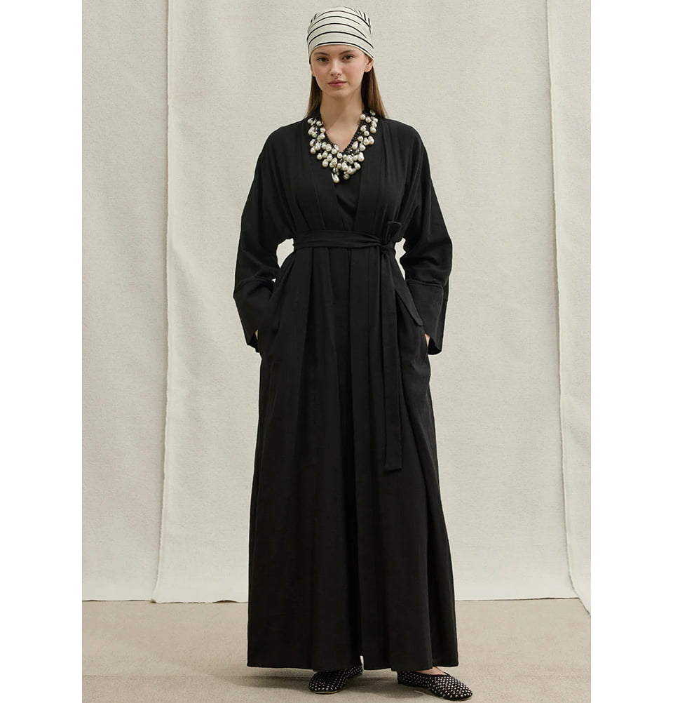 Muslim Women's Soft Cotton Linen Two Piece Abaya Set