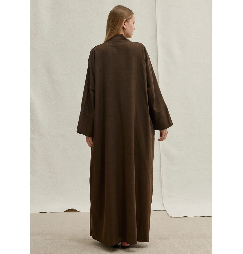 Muslim Women's Soft Cotton Linen Two Piece Abaya Set - 9787 Brown