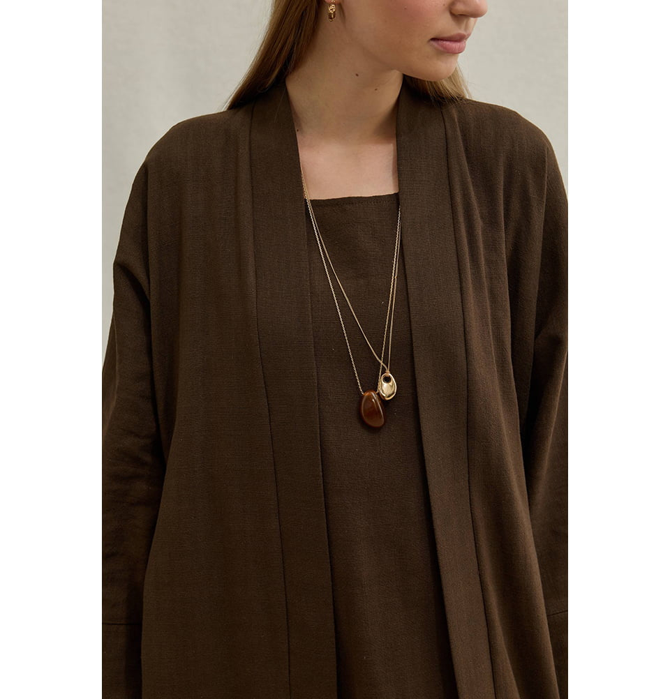 Muslim Women's Soft Cotton Linen Two Piece Abaya Set - 9787 Brown