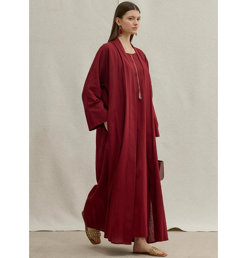 Muslim Women's Soft Cotton Linen Two Piece Abaya Set