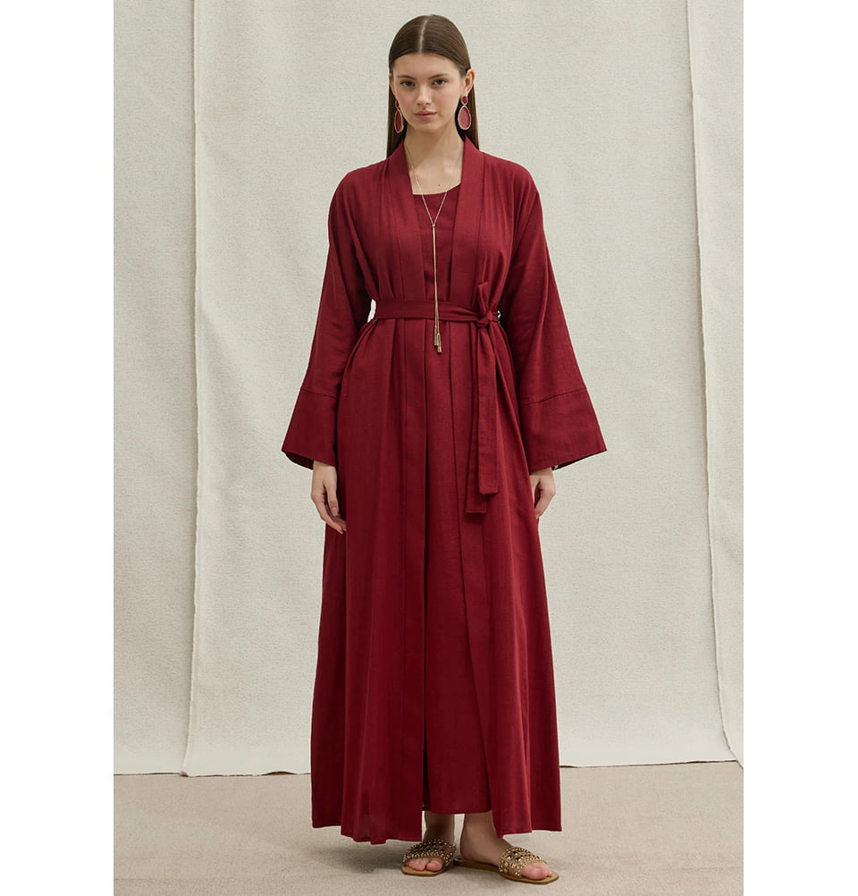Muslim Women's Soft Cotton Linen Two Piece Abaya Set