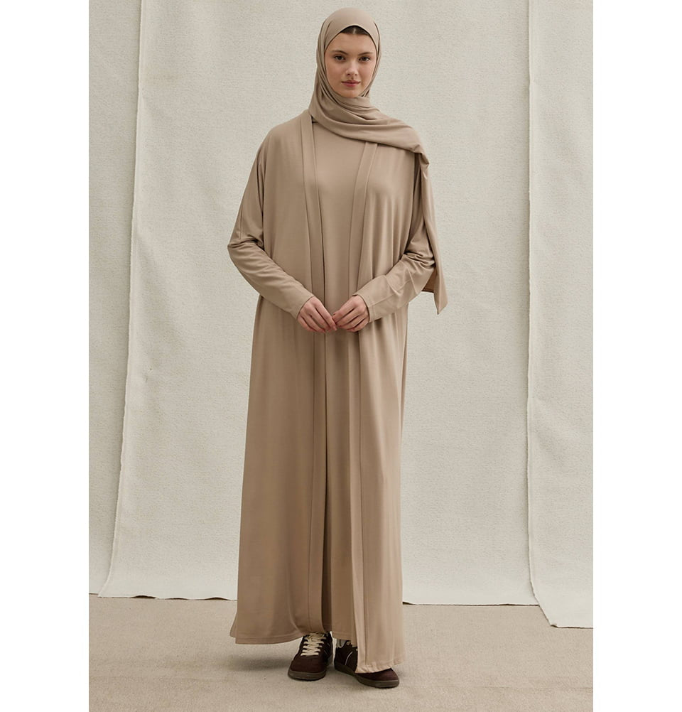 Muslim Women's Soft Stretch Two Piece Open Abaya & Dress Set