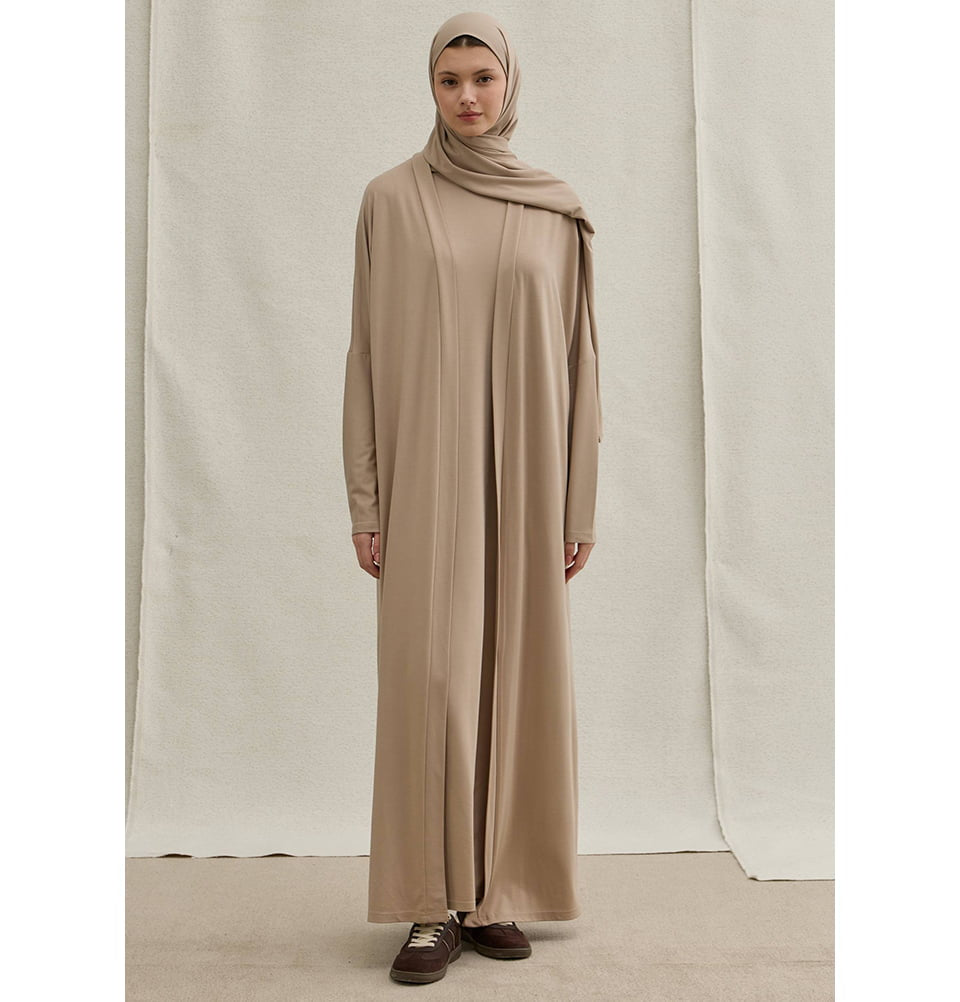 Muslim Women's Soft Stretch Two Piece Open Abaya & Dress Set