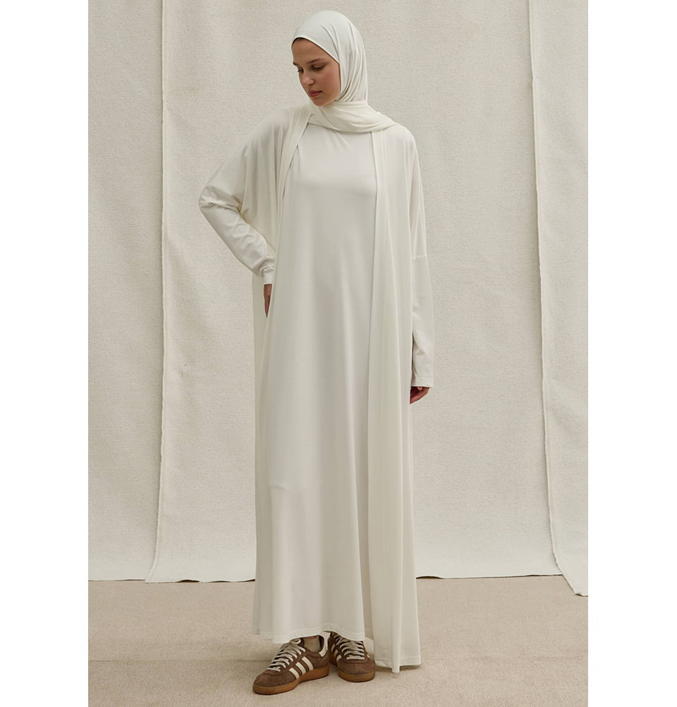 Muslim Women's Soft Stretch Two Piece Open Abaya & Dress Set