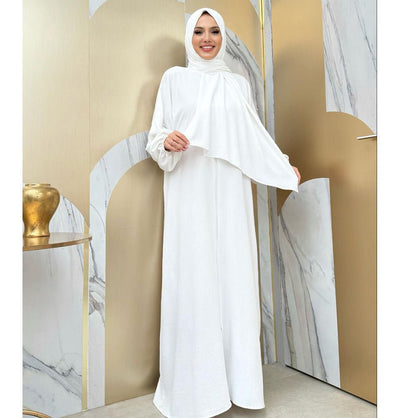 Modefa Abaya White Islamic Women's Simplicity One Piece Prayer Dress With Attached Hijab - White
