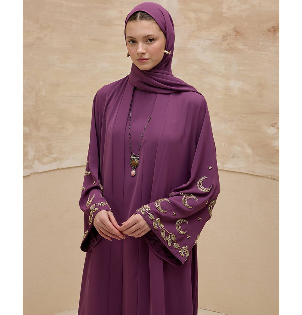 Women's Open Abaya 2 Piece Set Moon & Star 9791 Purple